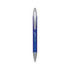 A metal pen in blue with a silver clip and tip, featuring a logo on its body.