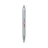 A silver metal pen featuring a logo, with a sleek design and a smooth click mechanism.