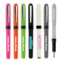 A collection of seven pens in various colours, including pink, orange, green, black, and grey, featuring logos.