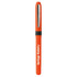 An orange pen with a black grip, featuring a silver clip and a logo.
