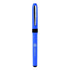 A blue roller pen with a sleek design and a black grip, featuring a logo on its body.