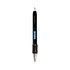 A black metal grip pen with a chrome finish and a textured black grip, featuring a branding logo.
