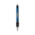 A metal pen with a wide body and chrome grip, featuring a blue barrel and black rubber grip. It includes a logo.