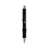 A black retractable pen with a textured grip and metallic accents, featuring a logo on the barrel.
