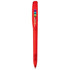 A red Bic Super Clip pen with a clear barrel and a branding logo near the top.