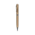 A gold metal twist pen featuring a sleek design and a clip, with a logo on its body.
