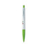 A plastic pen featuring a green grip and a silver barrel, with a branding logo on it.
