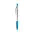 A silver plastic pen with a blue grip and blue ink, featuring a branding logo on the barrel.