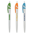 Three plastic pens in green, orange, and blue, each with white barrels and a logo on them.