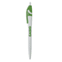 A plastic pen in white and green with a clip and a branding logo on the barrel.