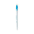 A white plastic pen with a blue top and a branding logo. It has a smooth, sleek design.