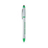 A silver stylus highlighter pen combo with green accents and a branding logo.