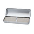 A brushed metal gift box in silver, featuring a soft interior and a securing strap, designed for pen packaging.