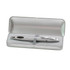 A silver brushed metal gift box containing a silver pen with a black grip. The box features a logo.