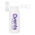 A white drink bottle with a white cap and bubble wand, featuring a logo in purple.