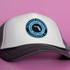 A cap featuring a white front and grey mesh back, with a circular logo at the front.