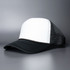 A trucker cap featuring a white front panel and a black mesh back. It has a curved black visor and a logo.