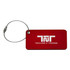 A red luggage tag with a metal loop and a logo on the front. The tag has a rectangular shape.
