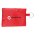 A red first aid travel kit featuring a keyring attachment, includes 22 essential medical items. Brand logo displayed.