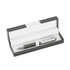 A sleek silver pen housed in a grey rectangular box with a white interior. The box features a logo.