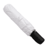 A collapsible white umbrella with a black handle, featuring a compact design for easy storage.