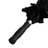 A black umbrella with a textured handle and a ruffled canopy, featuring a logo on the handle.