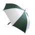 A large green and white umbrella with a sturdy black handle and a simple design, featuring a logo.