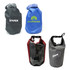 Four dry bags in different colours: black, blue, burgundy, and grey, each featuring a logo.