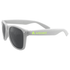 A pair of grey sunglasses with dark lenses and a logo on the arm, suitable for leisure and outdoor activities.