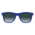 Blue sunglasses with gradient lenses and a simple design, featuring a logo on the side.