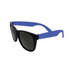 Retro sunglasses featuring black frames and blue arms, with dark lenses and a logo on the temple.