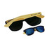 A pair of sunglasses featuring bamboo-coated arms and dark lenses, with an additional smaller pair in blue and black.