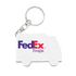 A white truck-shaped keychain with a logo, featuring two wheels and a keyring attachment.