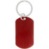 A red dog tag keychain featuring a metallic finish and a silver keyring attachment.