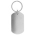 A silver dog tag keychain with a metal ring. The tag features a smooth, blank surface.