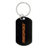 A black dog tag keychain with a silver keyring and an orange logo.