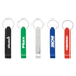 A collection of five bottle openers in black, green, silver, blue, and red, each with a keyring attachment and branding.