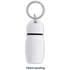 A white hotel keychain with a rounded design and silver keyring. It features a simple, sleek look.