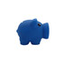 A blue piggy bank in a rounded shape with a small snout and black eyes, featuring a logo on its side.