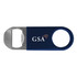 A drink bottle opener in navy blue with a stainless steel edge and a logo on one side.
