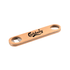 A bamboo bottle opener in a natural wood finish with a logo, featuring two circular holes for grip.