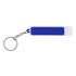 A drink bottle opener in blue and white attached to a keychain. It features a keyring for easy attachment.