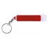 A drink bottle opener with a white and red design, attached to a keychain. It features a logo.