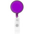 A round badge holder in vibrant purple with a white clip and retractable cord. Features a logo on the back.