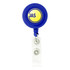 A round badge holder in blue with a white clip attachment, featuring a circular logo.