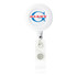 A round white badge holder with a retractable mechanism and a logo on the front.