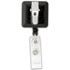 A Rectangle Badge Holder in black with a silver clip and a clear plastic strap. It includes a logo on the holder.