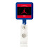 A rectangle badge holder in blue with a transparent clip, featuring a logo in red and black.