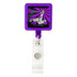 A rectangular purple badge holder with a logo, featuring a clear white retractable clip for easy attachment.