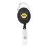 A retractable badge holder in black with a silver clip and clear strap, featuring a logo on the front.